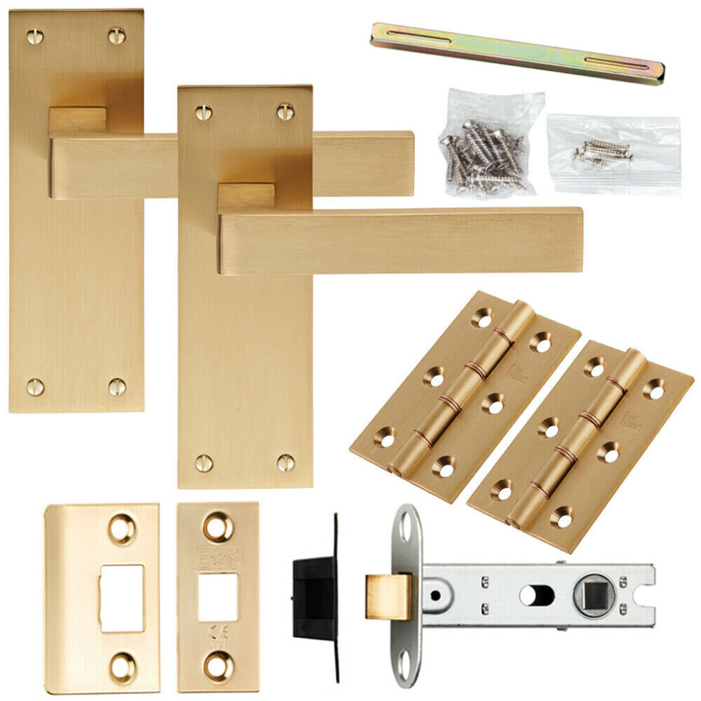 Door Handle & Latch Pack Satin Brass Straight Square Lever Slim Backplate