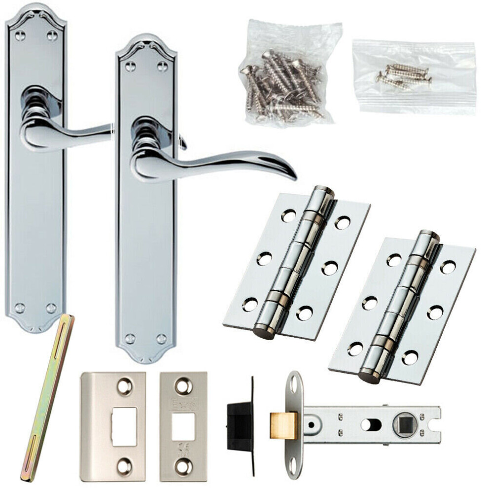 Door Handle & Latch Pack Chrome Victorian Scroll Lever on Backplate 245 x 45mm