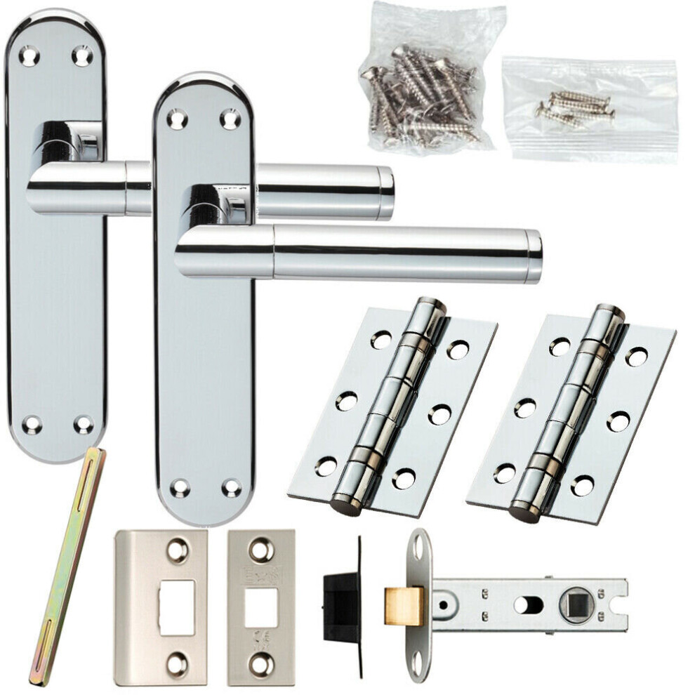 Door Handle & Latch Pack Chrome Round Straight Bar Lever Backplate 180 X 40Mm