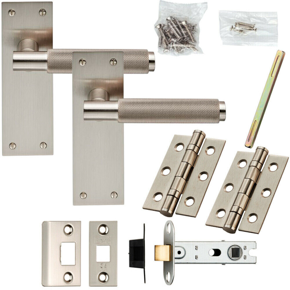 Door Handle & Latch Pack Satin Nickel Modern Knurled Lever Square Backplate