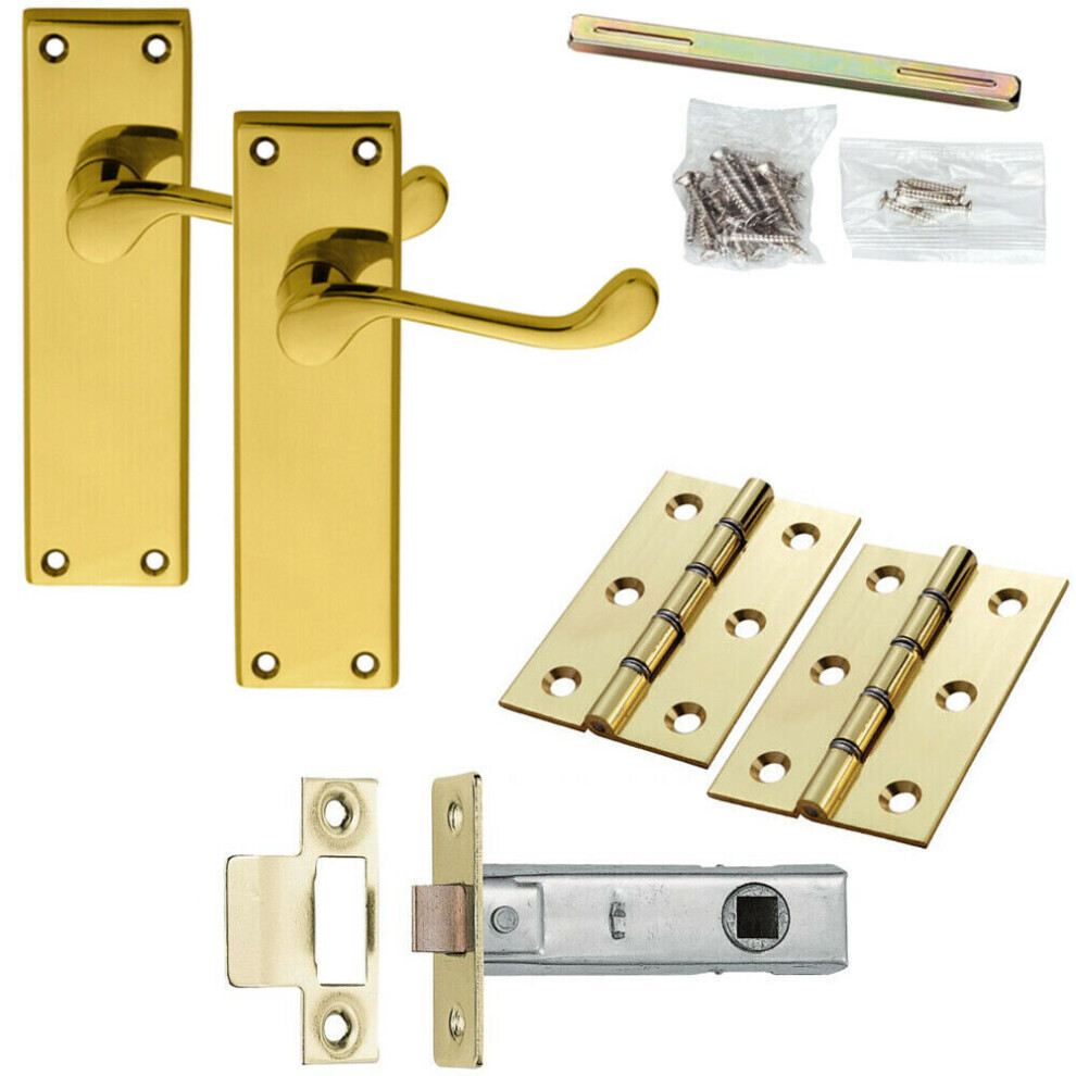 Door Handle & Latch Pack Brass Victorian Scroll Curved Lever Tall Backplate 5056524214862