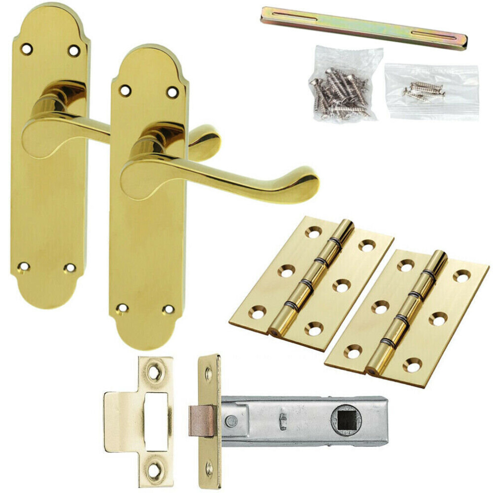 Door Handle & Latch Pack Brass Victorian Upturn Lever Turn Rounded Backplate 5056524214435