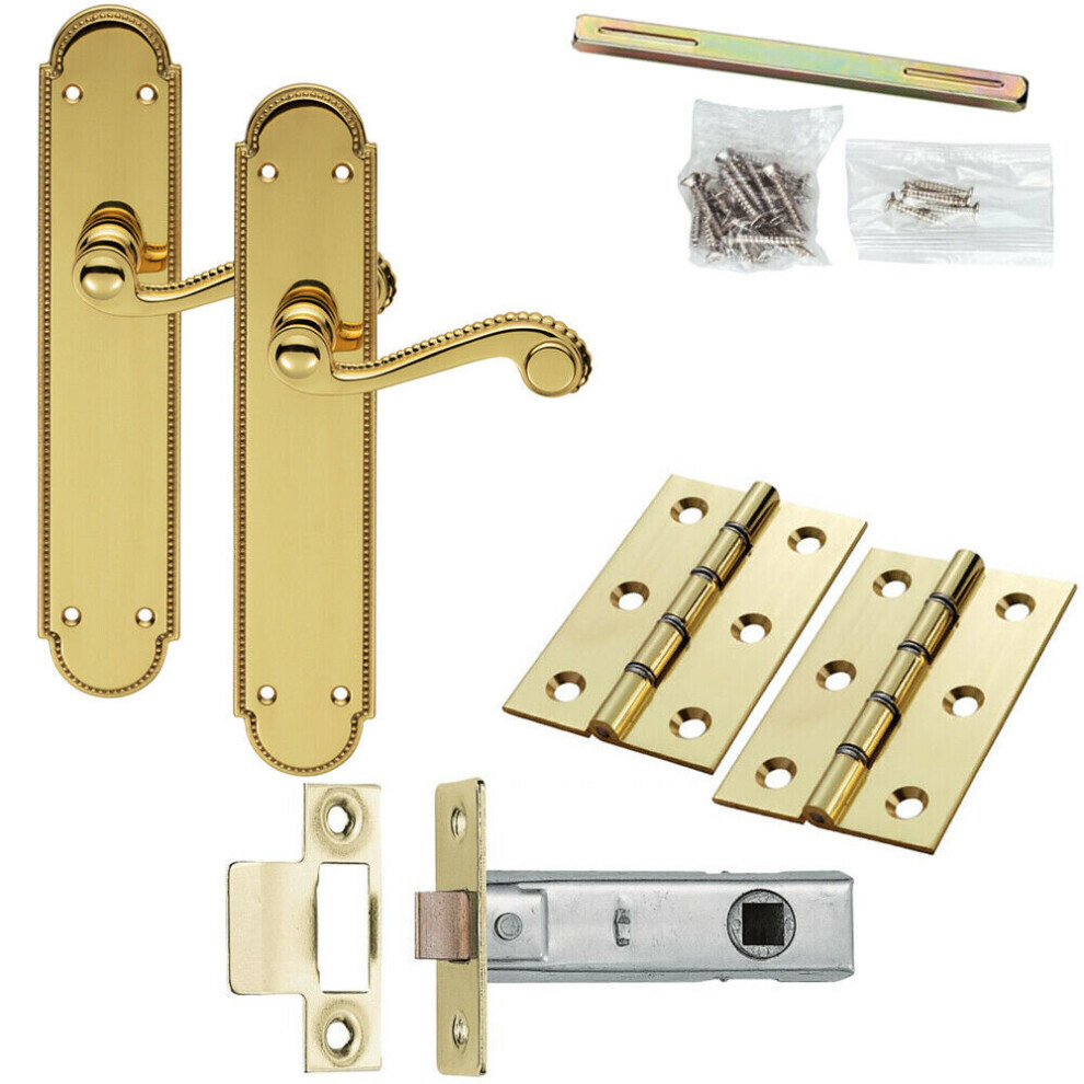 Door Handle & Latch Pack Brass Victorian Scroll Lever Round Beaded Backplate