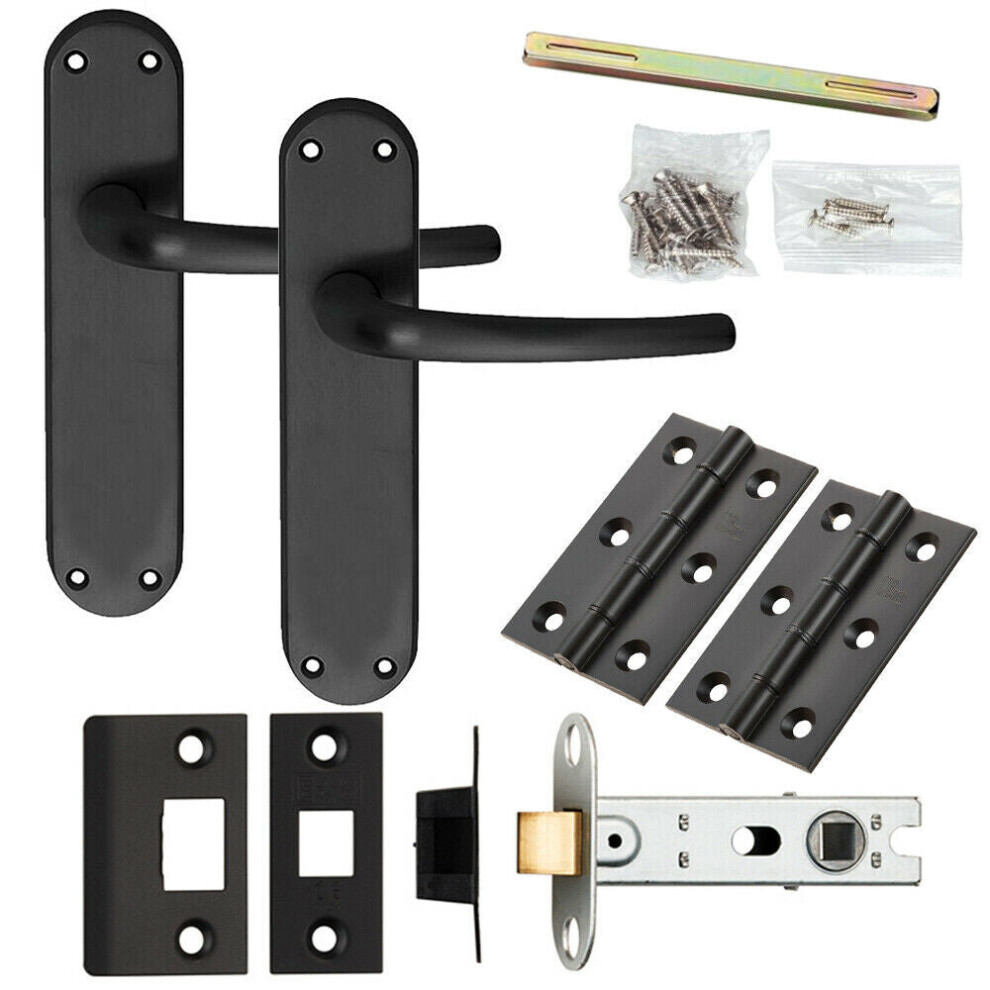 Door Handle & Latch Pack Matt Black Curved Round Lever Slim Curved Backplate 5056524217313