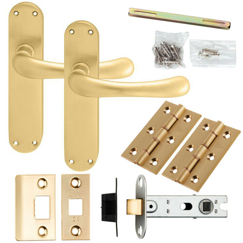 Loops Door Handle & Latch Pack Satin Brass Smooth Rounded Lever Curved Backplate