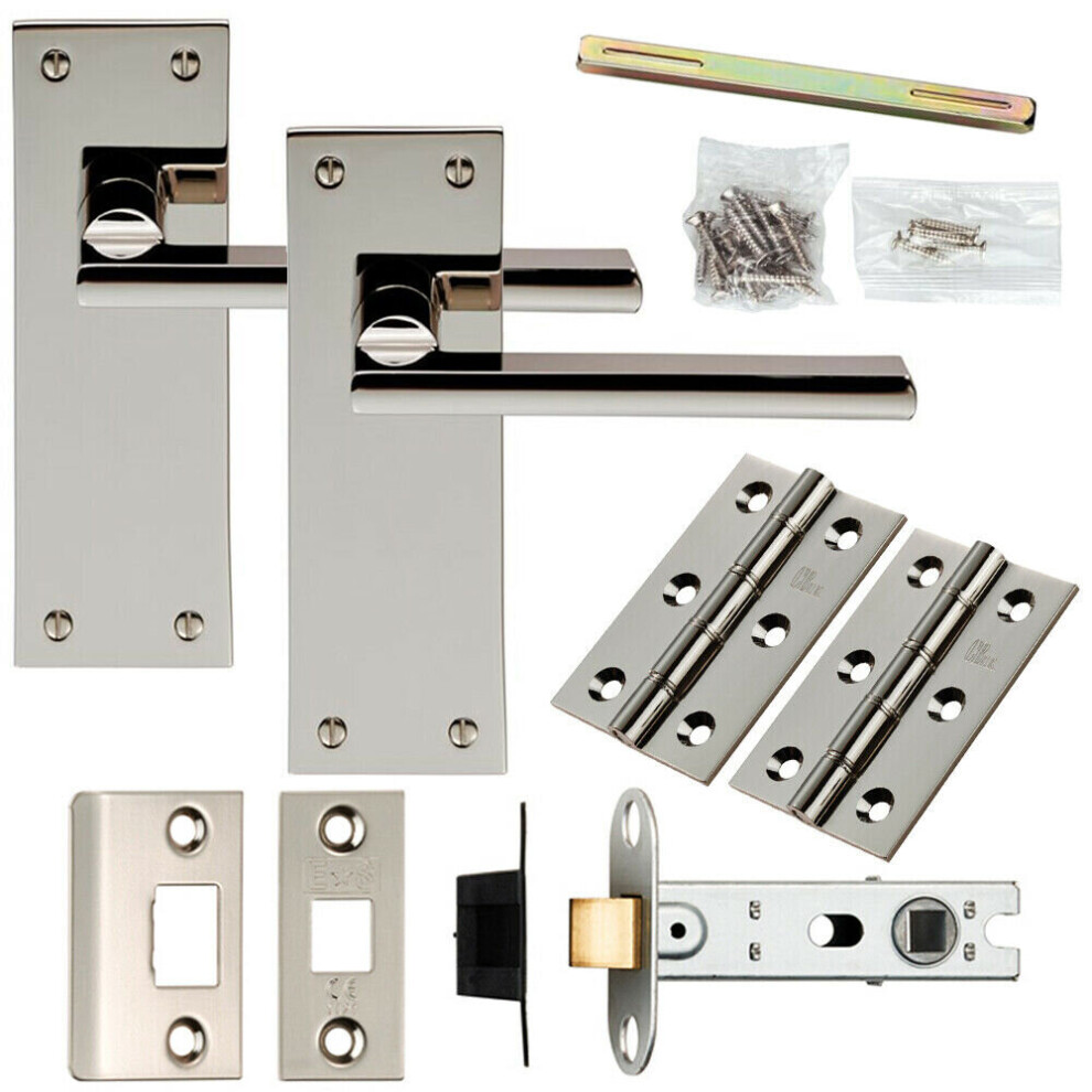 Door Handle & Latch Pack Polished Nickel Straight Flat Lever Slim Backplate