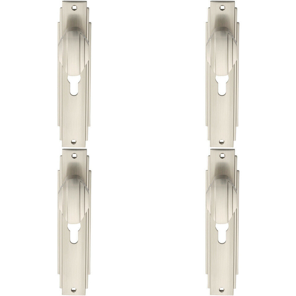 4x PAIR Line Detailed Door Knob on Euro Lock Backplate 205 x 45mm Satin Nickel