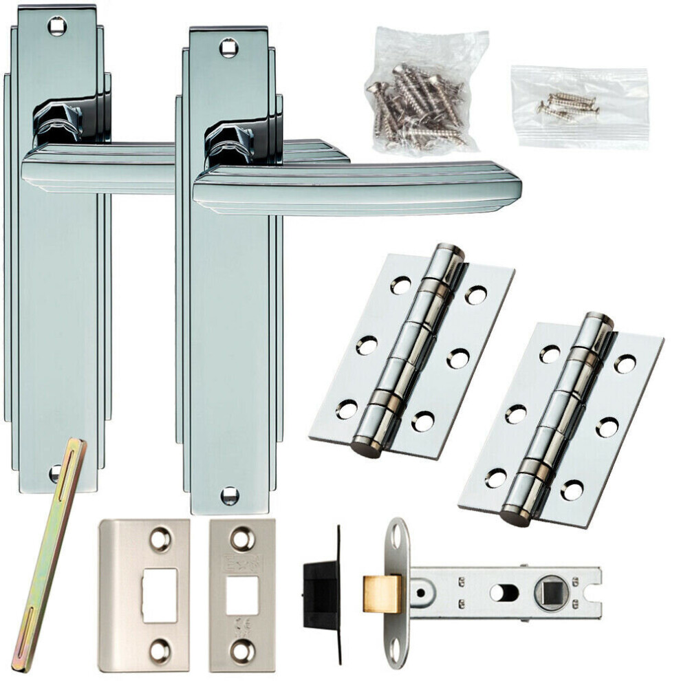 Door Handle & Latch Pack Chrome Art Deco Premium Lever on Backplate 205 x 45mm