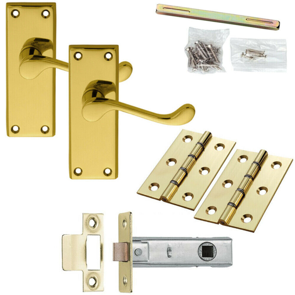 Door Handle & Latch Pack Brass Victorian Scroll Bar Curved Short Backplate