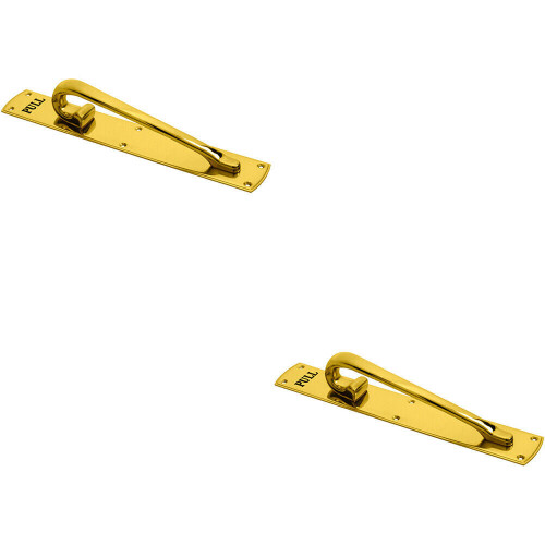 Loops 2x Curved Left Handed Door Pull Handle Engraved with 'Pull' Polished Brass