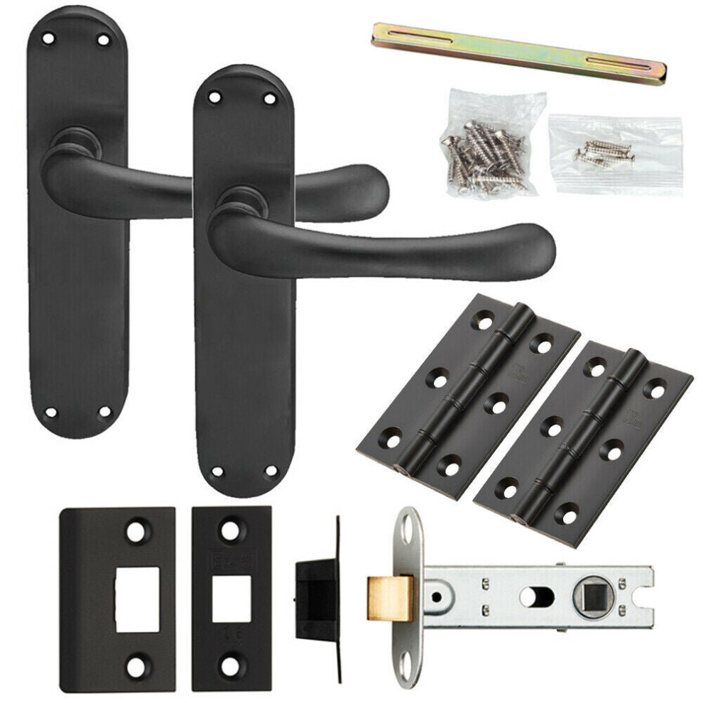 Door Handle & Latch Pack Matt Black Smooth Rounded Lever Slim Curved Backplate