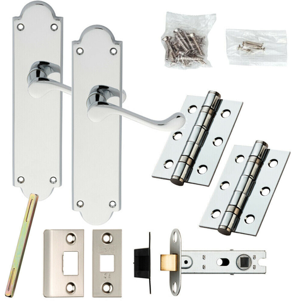 Door Handle & Latch Pack Chrome Victorian Scroll Lever Backplate 205 x 49mm