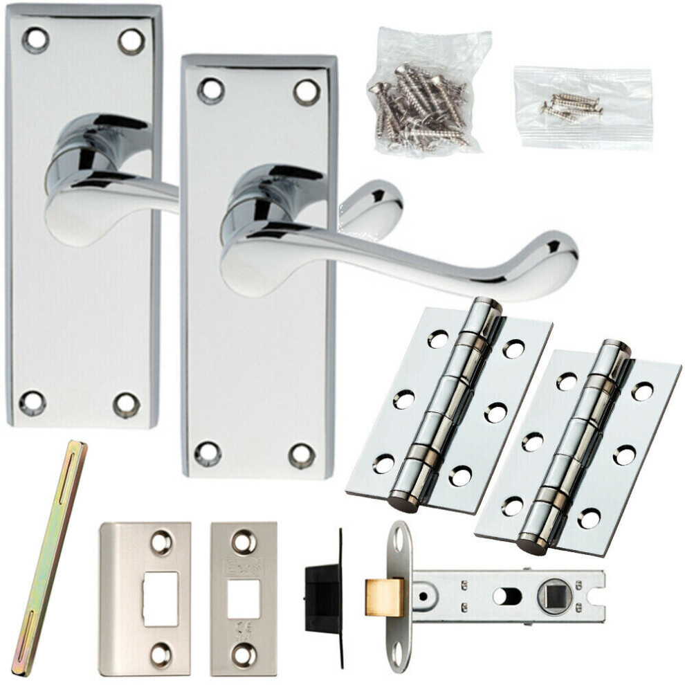 Door Handle & Latch Pack Chrome Victorian Scroll Short Lever Plate 118 x 43mm