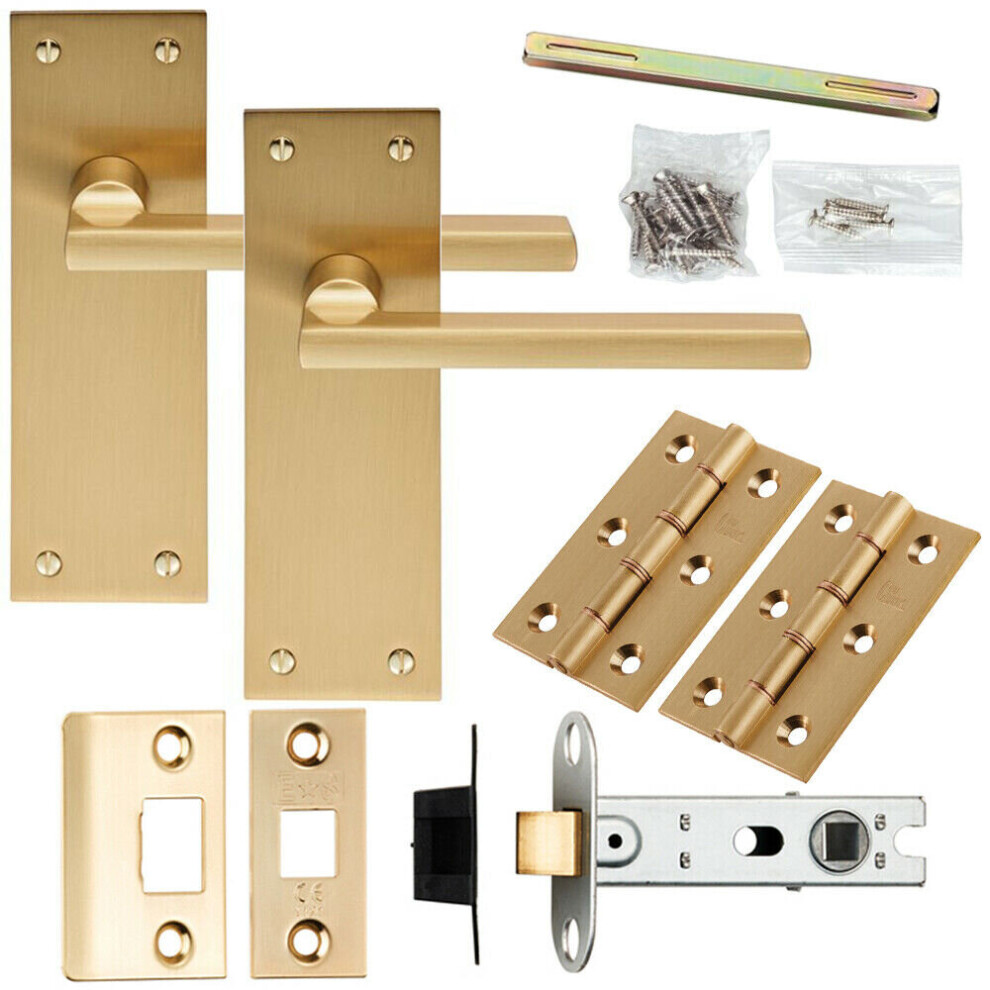 Door Handle & Latch Pack Satin Brass Straight Flat Bar Lever Slim Backplate