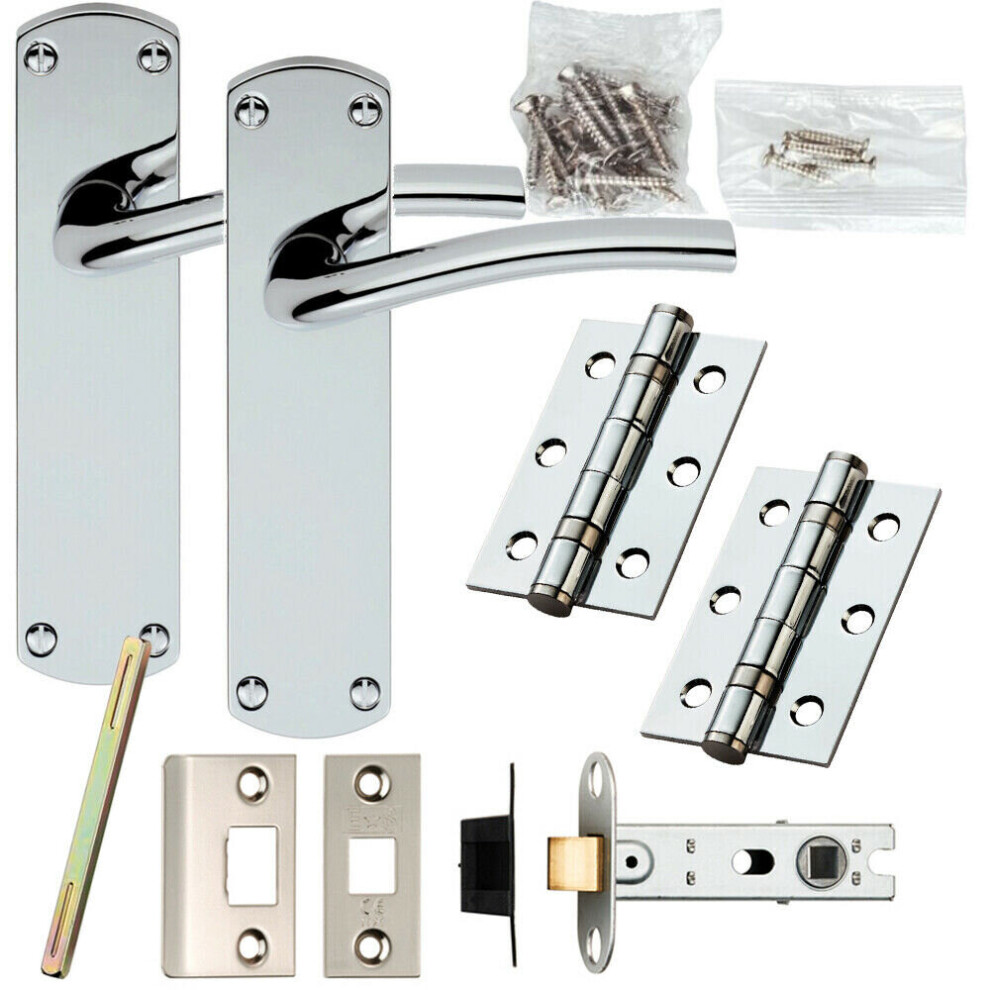 Door Handle & Latch Pack Chrome Rounded Arched Lever On Backplate 170 X 42Mm