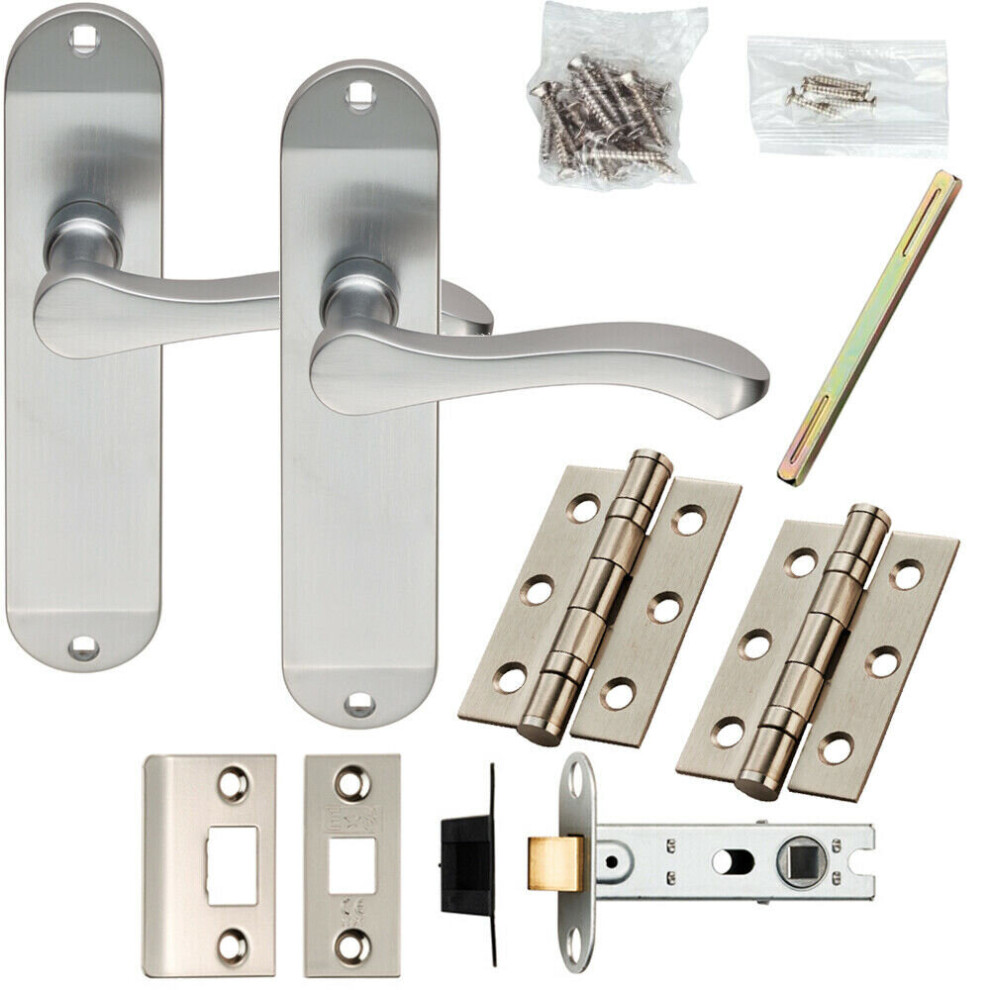 Door Handle & Latch Pack Satin Chrome Modern Curved Lever Rounded Backplate