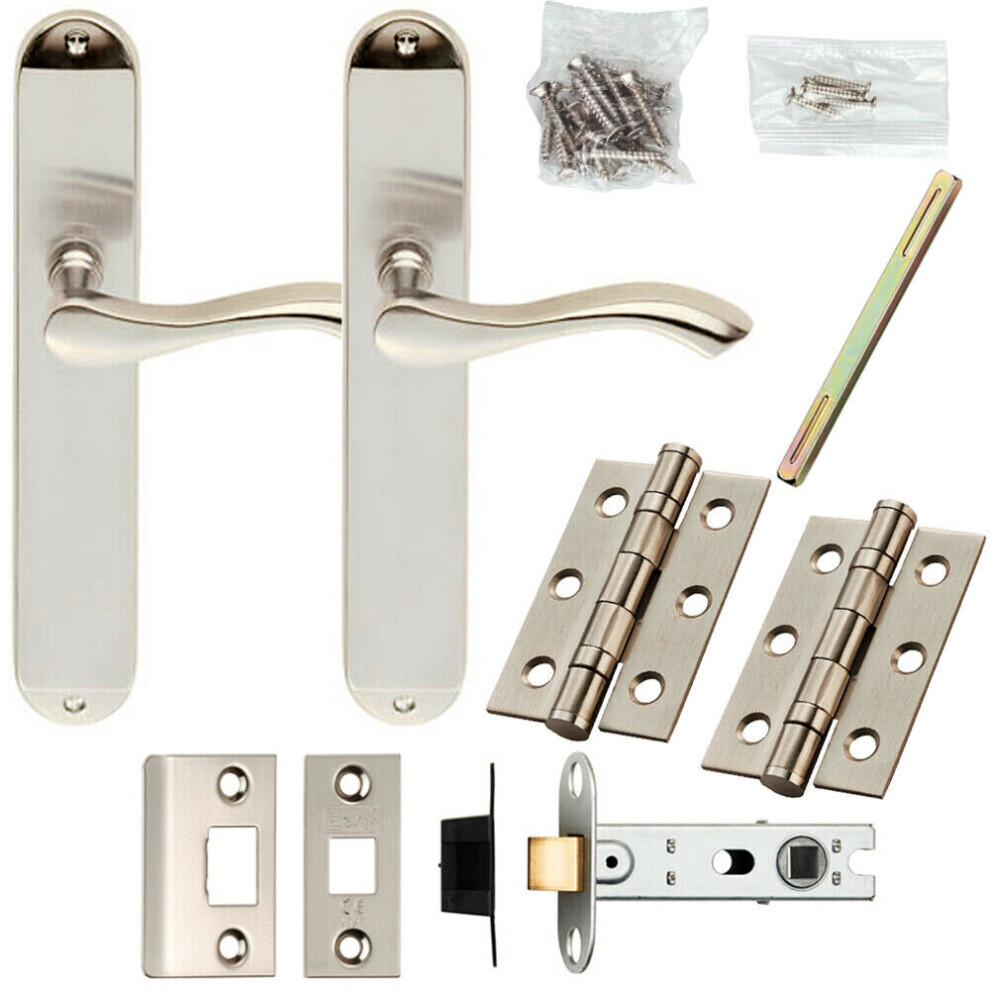 Door Handle & Latch Pack Satin Chrome Modern Curved Lever on Slim Backplate