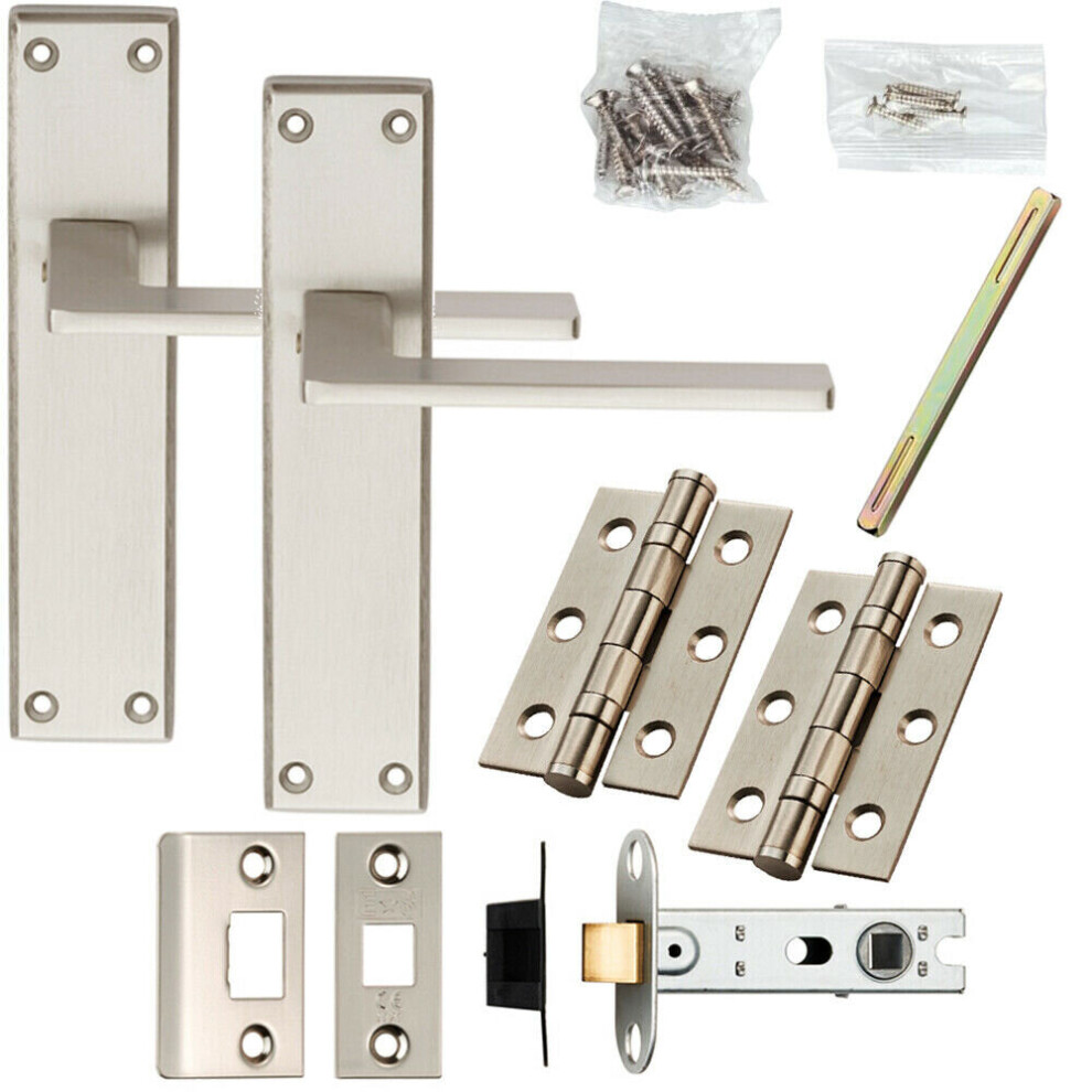 Door Handle & Latch Pack Satin Chrome Slim Straight Lever Square Backplate