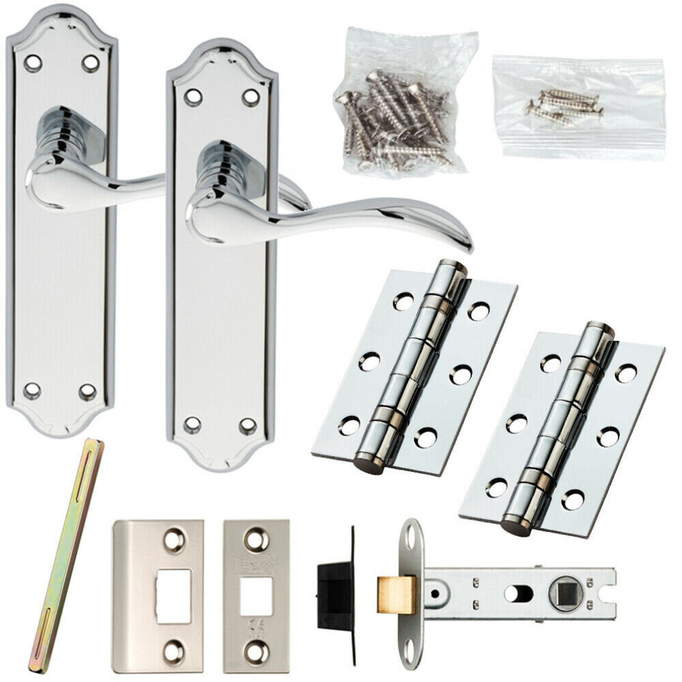 Door Handle & Latch Pack Chrome Victorian Scroll Lever on Backplate 180 x 45mm