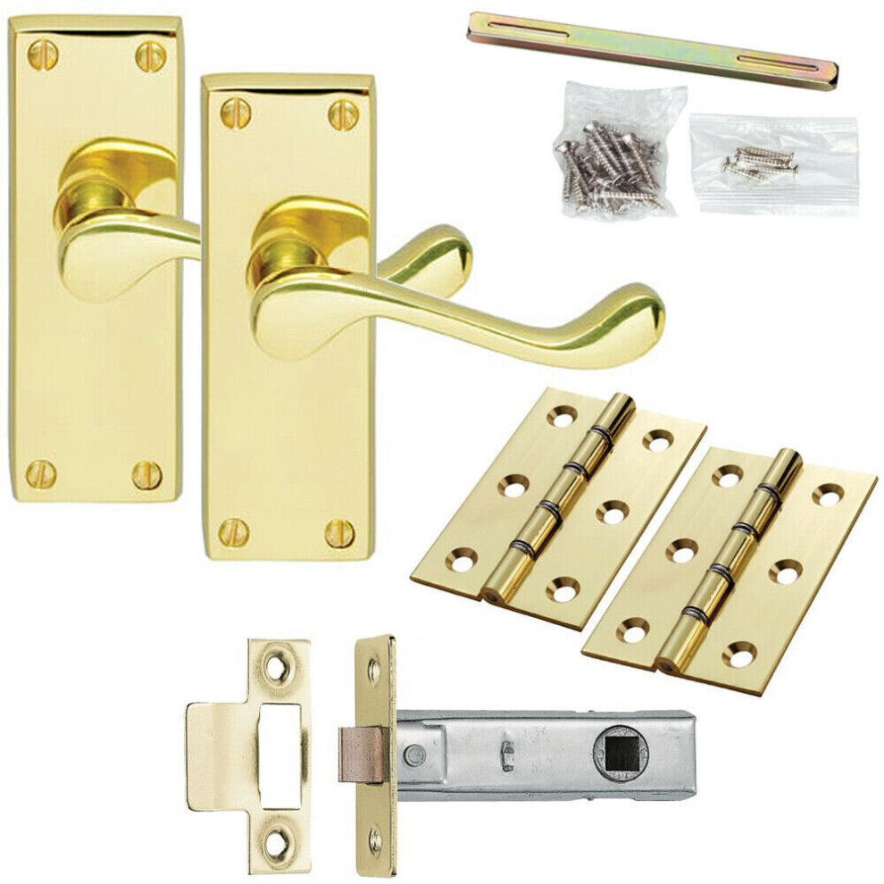 Door Handle & Latch Pack Brass Victorian Scroll Lever Turn Square Backplate