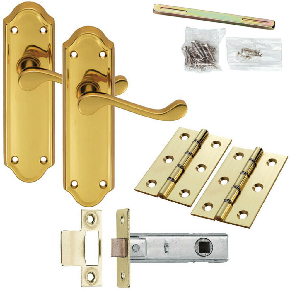 Door Handle & Latch Pack Brass Victorian Upturn Lever Turn Ornate Backplate 5056524215074