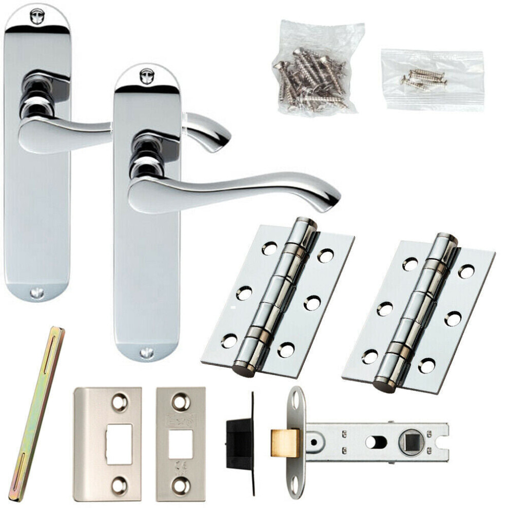 Door Handle & Latch Pack Chrome Modern Scroll Lever Round Backplate 180 X 40Mm