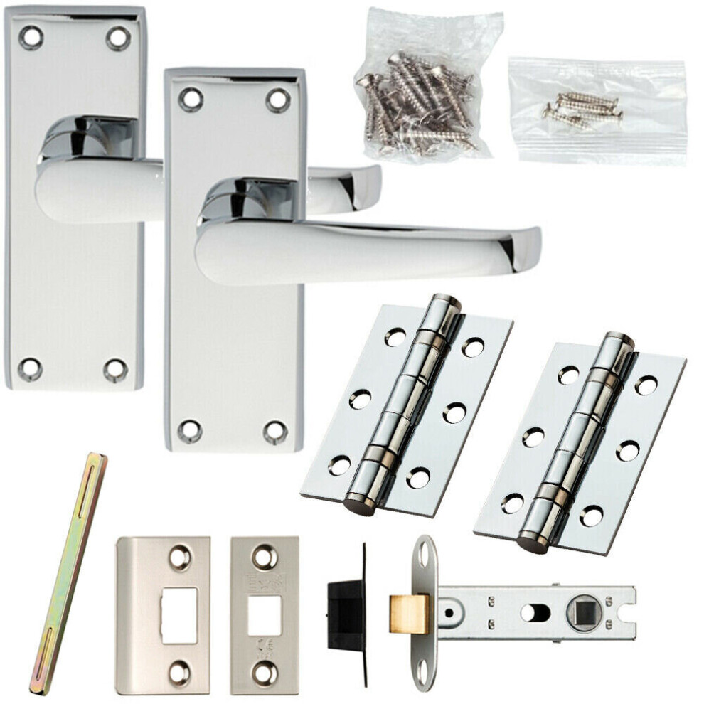Door Handle & Latch Pack Chrome Straight Lever On Square Backplate 118 X 42Mm