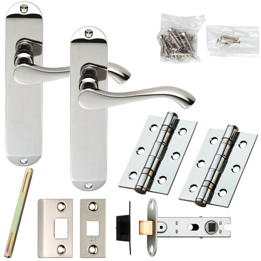 Door Handle & Latch Pack Chrome Modern Scroll Lever Round Backplate 180 X 40Mm