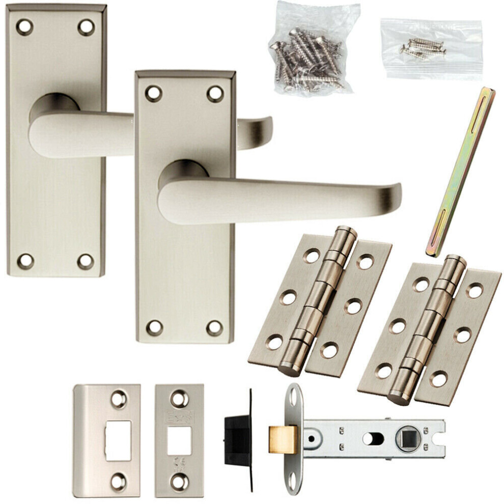 Door Handle & Latch Pack Satin Chrome Short Straight Lever Square Backplate