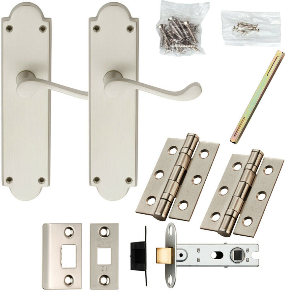 Door Handle & Latch Pack Satin Chrome Victorian Scroll Lever Ornate Backplate