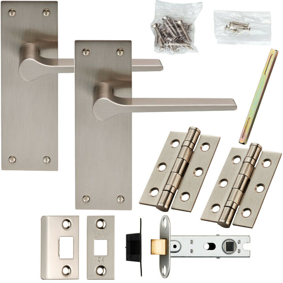 Door Handle & Latch Pack Satin Nickel Low Profile Flat Lever Square Backplate
