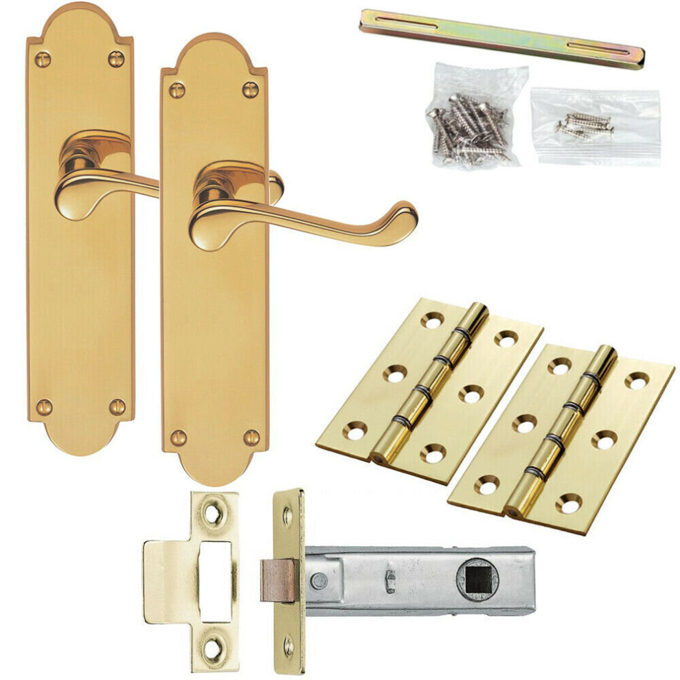 Door Handle & Latch Pack Brass Victorian Scroll Short Lever Ornate Backplate 5056524215210