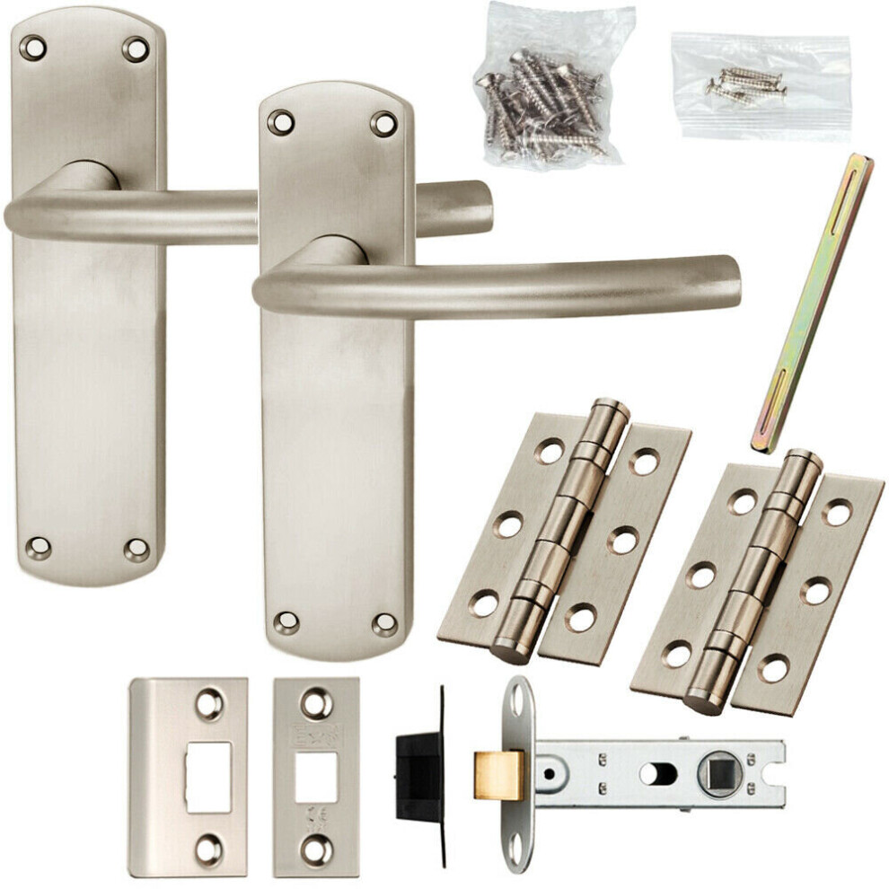 Door Handle & Latch Pack Satin Chrome Modern Curved Round Bar on Backplate