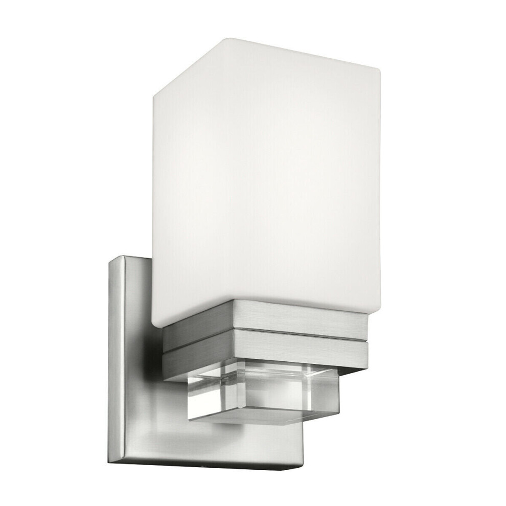 Loops Ip44 Wall Light Opal Etched Glass Shade Crystal Detail Satin Nickel Led G9 3.5W