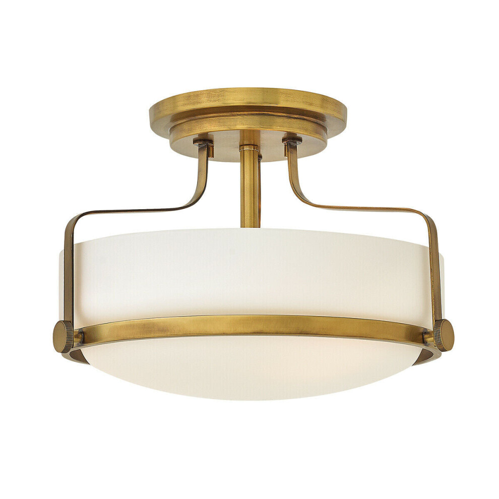Loops 3 Bulb Semi Flush Opal Glass Metal Ring Heritage Brass Led E27 60W Light