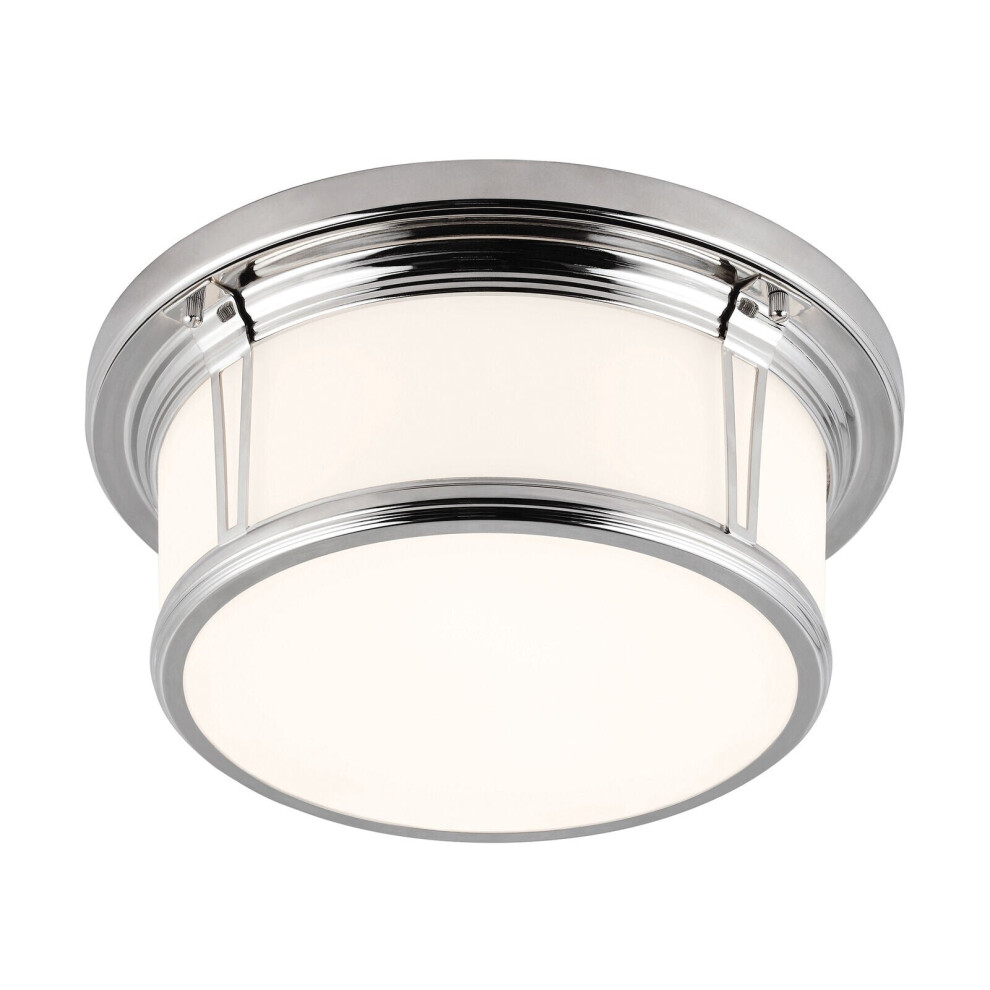 Loops Ip44 2 Bulb Flush Light Opaque Glass Banded Metal Polished Chrome Led E27 60W