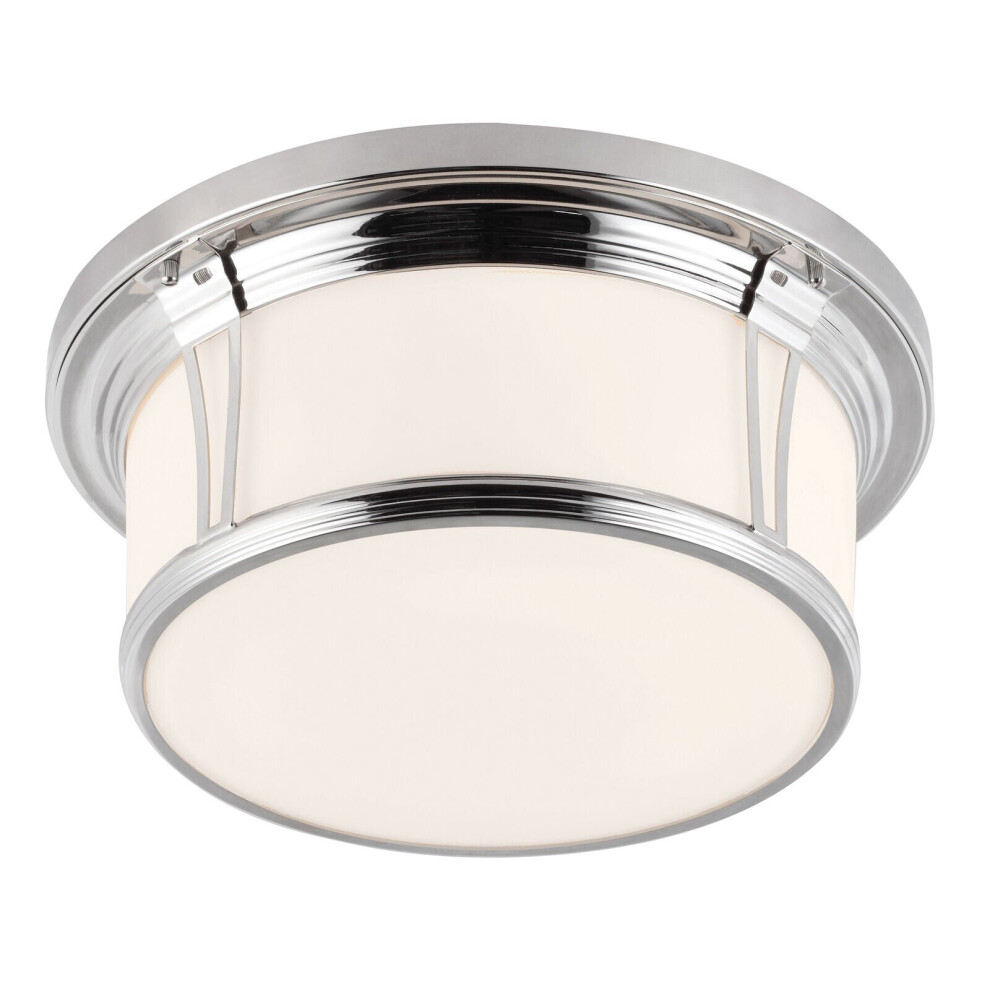 Loops Ip44 3 Bulb Flush Light Opaque Glass Banded Metal Polished Chrome Led E27 60W