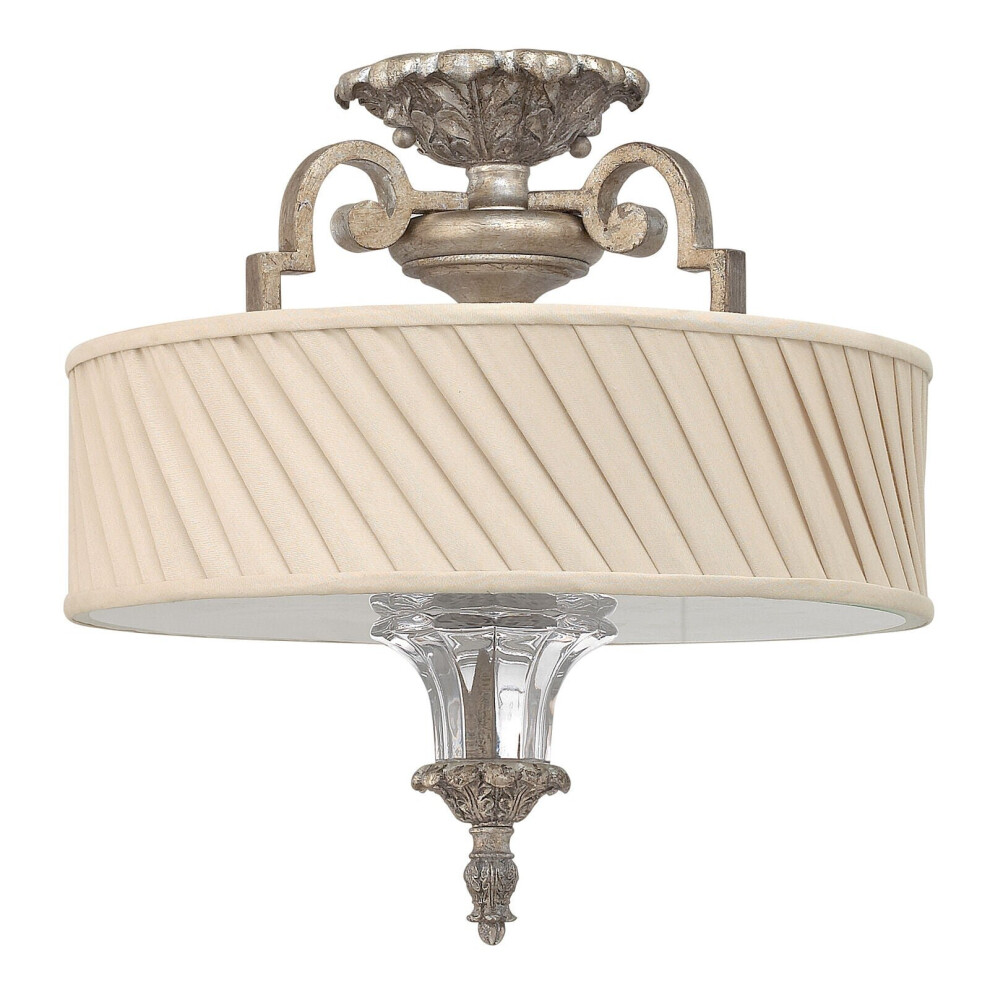 3 Bulb Semi Flush Light Ivory Pleated Fabric Shade Silver Leaf LED E27 75W