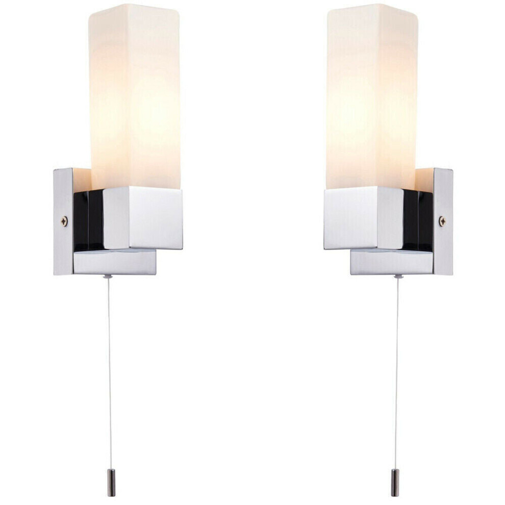 2 PACK IP44 Bathroom Wall Light Chrome & Frosted Glass Modern Rectangle Fitting