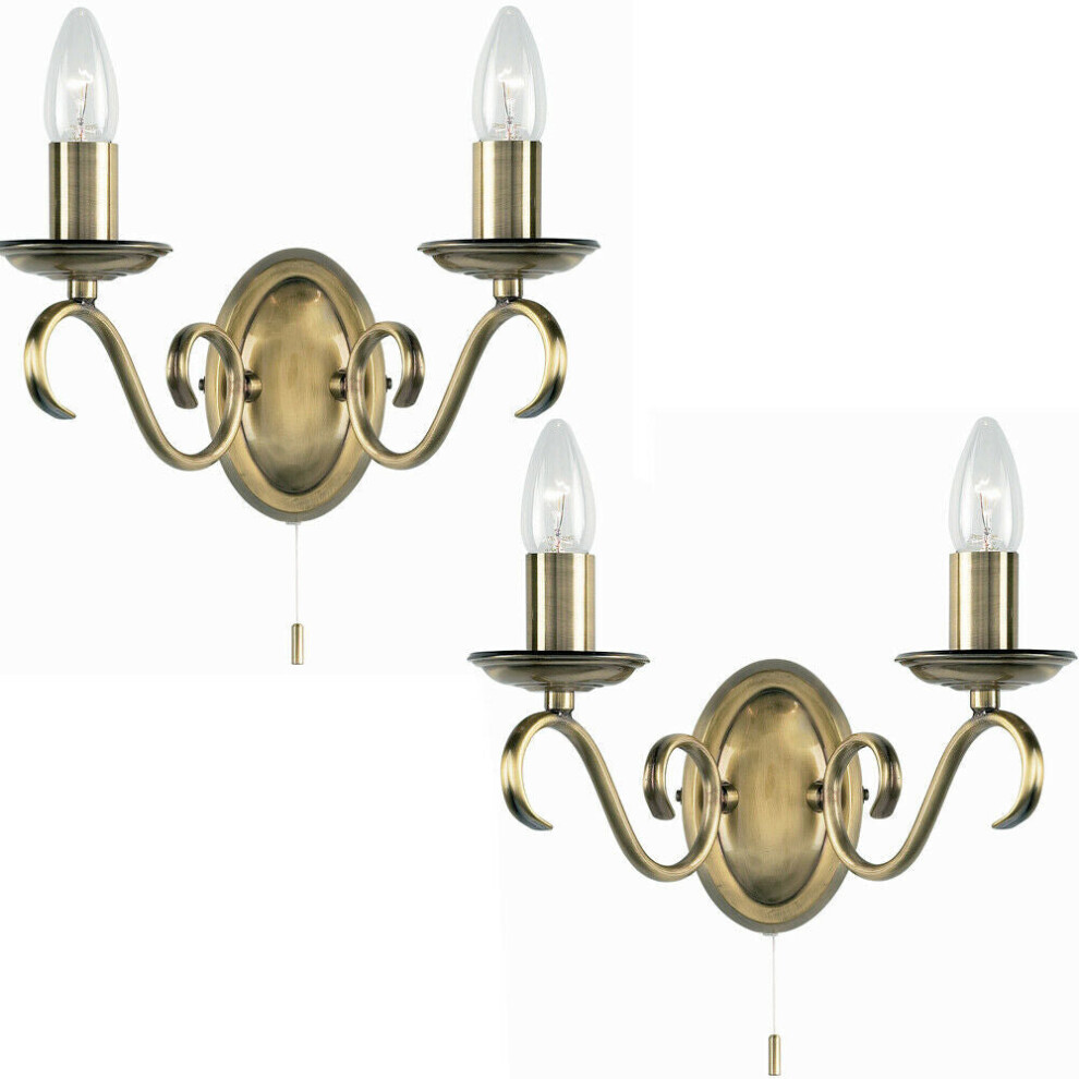 Loops 2 Pack Dimmable Led Twin Wall Light Antique Brass Vintage 2X Bulb Lamp Lighting