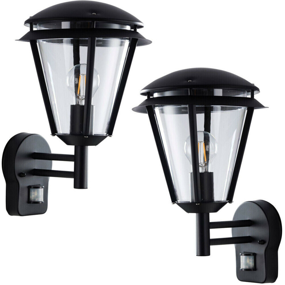 2 PACK IP44 Outdoor Wall Lamp Matt Black Steel Modern PIR Lantern Porch Curved