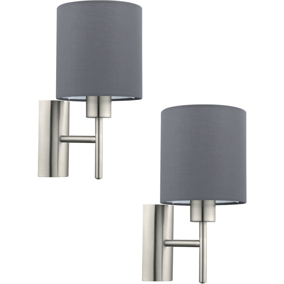 Loops 2 Pack Wall Light Colour Satin Nickel Shade Grey Fabric Rocker Switch E27 1X60w