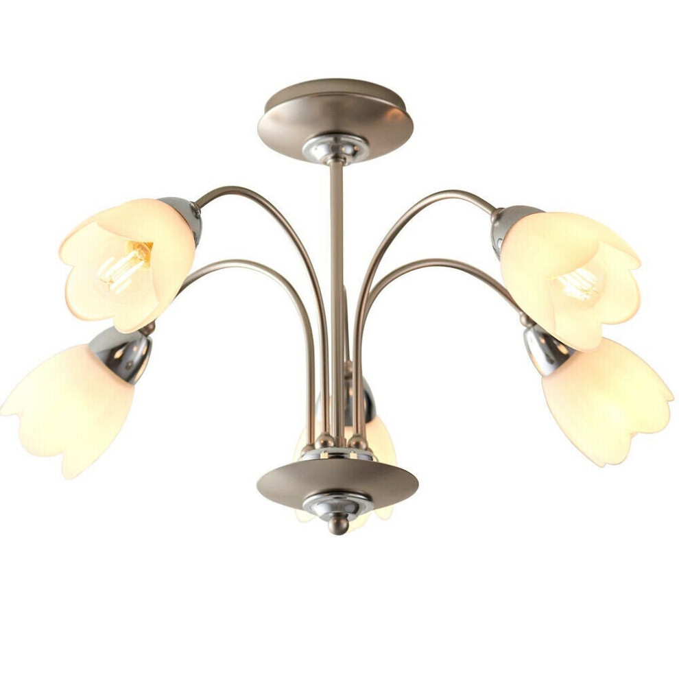 Semi Flush Ceiling Light Chrome & Opal 5 Bulb Shade Chandelier Dimmable Pendant