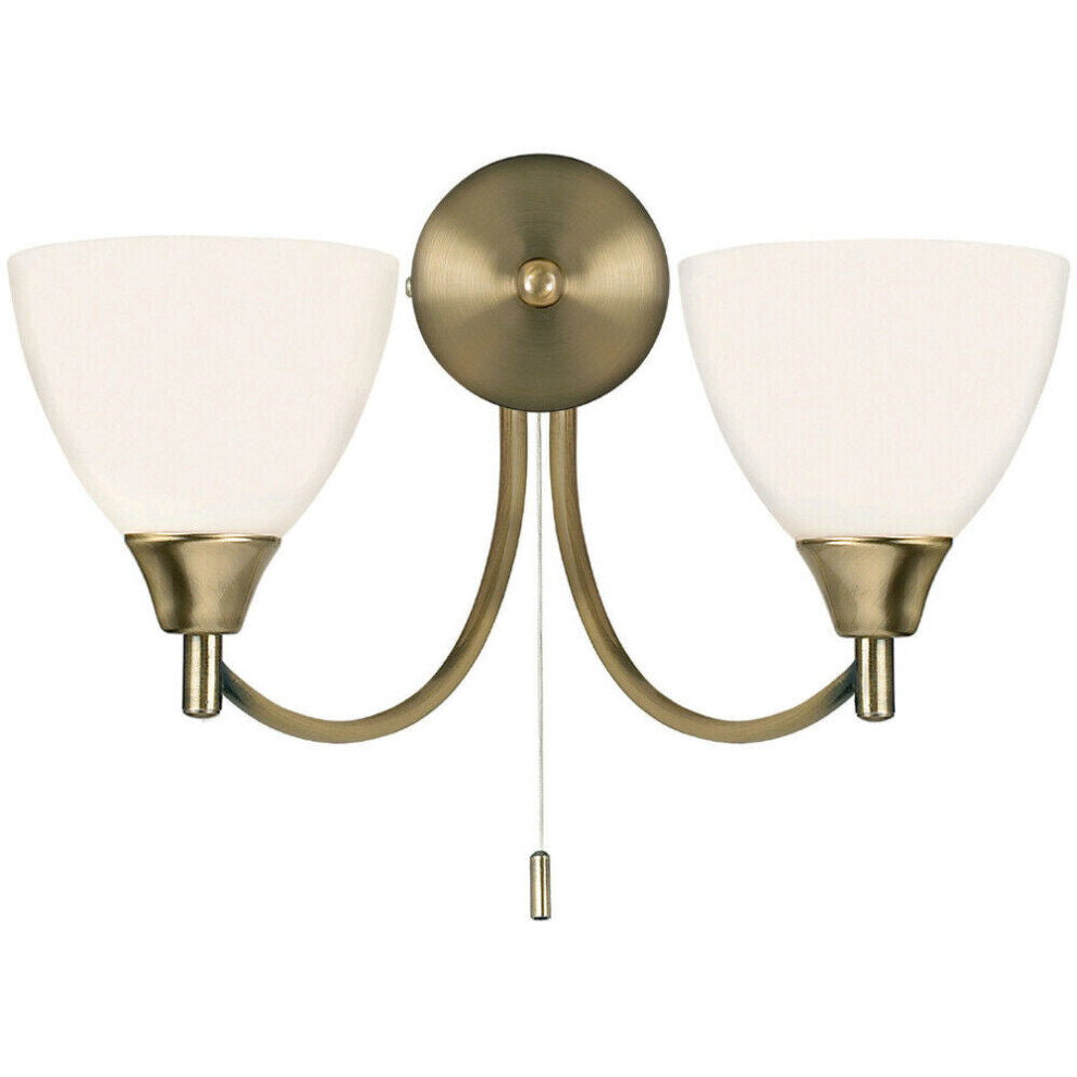 Dimmable LED Twin Wall Light Antique Brass & Frosted Glass Curved Lamp Lighting