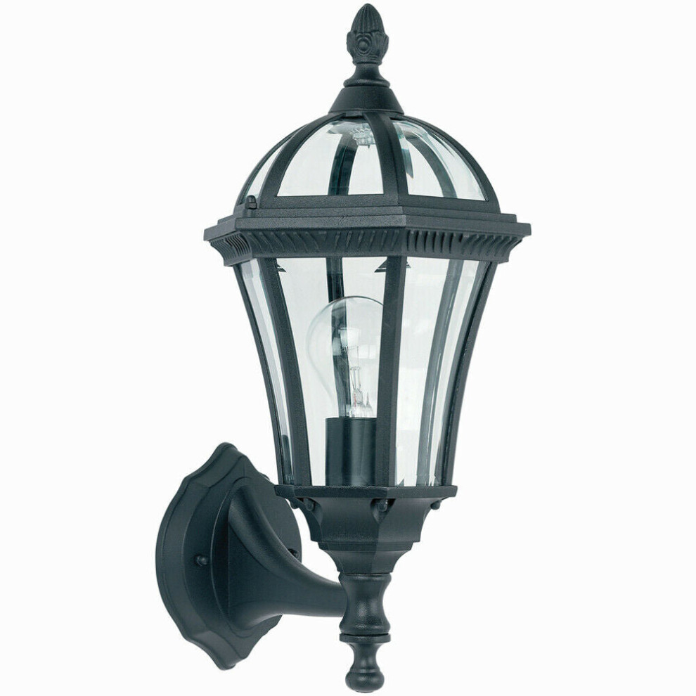 IP44 Outdoor Wall Lamp Matt Black & Glass Traditional Lantern Uplight Porch Path