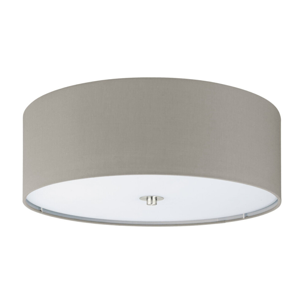 Loops Flush Ceiling Light Colour Satin Nickel Shade Taupe Fabric Glass Bulb E27 3X60w