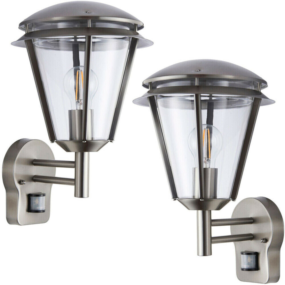 2 PACK IP44 Outdoor Wall Lamp Brushed Steel Modern PIR Lantern Porch Curve Light