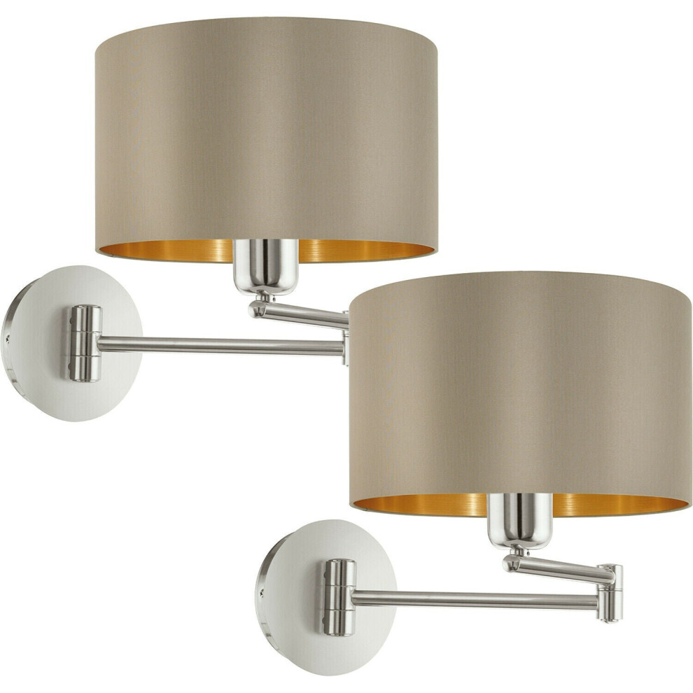 Loops 2 Pack Wall Light Satin Nickel Moveable Stem Shade Taupe Gold Fabric E27 1X60w
