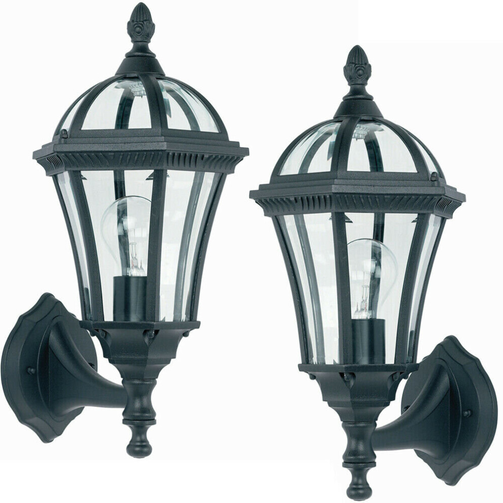 2 PACK IP44 Outdoor Wall Lamp Matt Black & Glass Traditional Lantern Porch Path