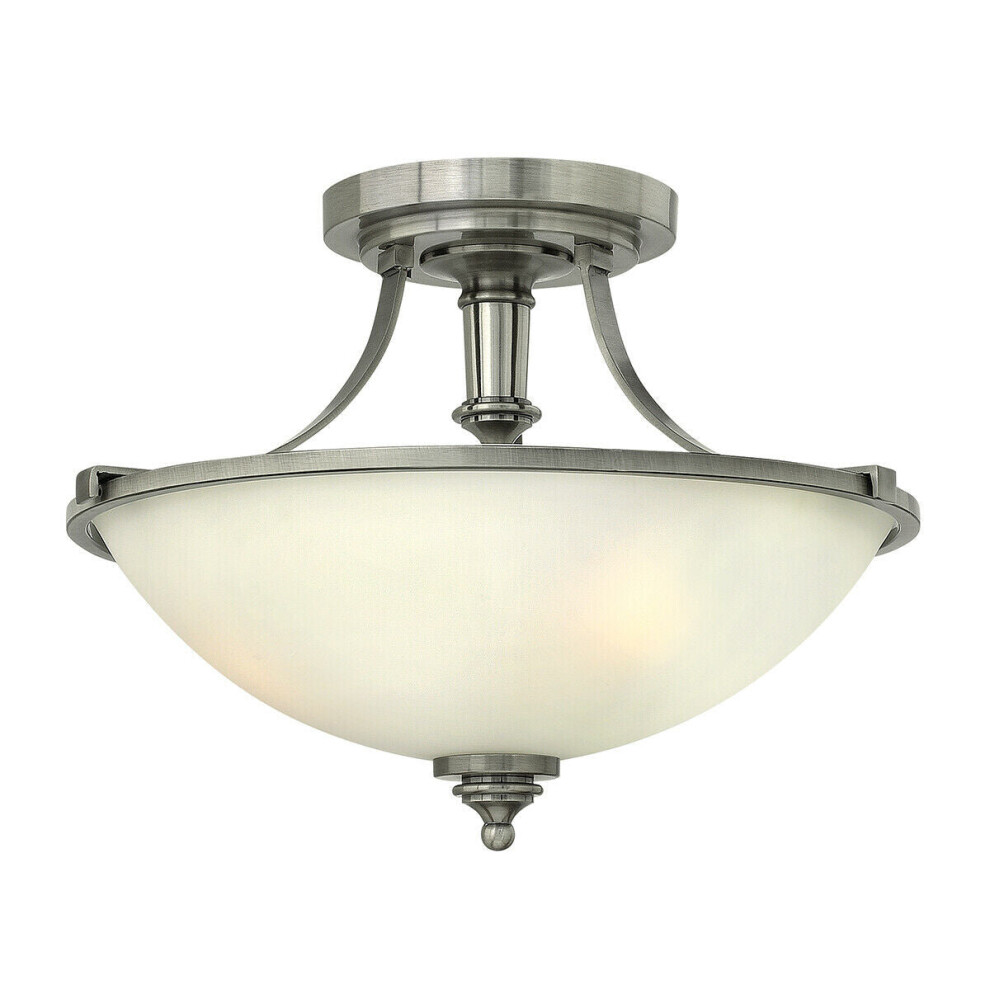 3 Bulb Semi Flush Light Etched Opal Glass Shade Nickel LED E27 60W